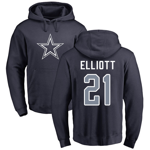 Men Dallas Cowboys Navy Blue Ezekiel Elliott Name and Number Logo 21 Pullover NFL Hoodie Sweatshirts
